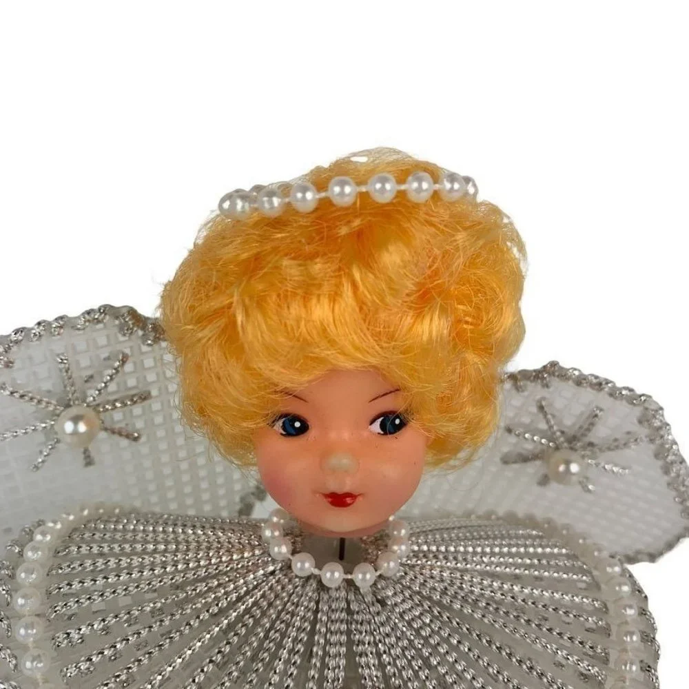Handmade Vintage Angel Christmas Tree Topper Plastic Canvas Roses Pearl Beads 8